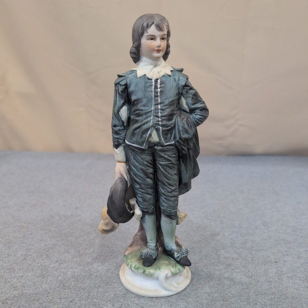 Vintage Porcelain Blue Boy Figurine Matte Hand Painted 18th Century Style Statue - Picture 1 of 4